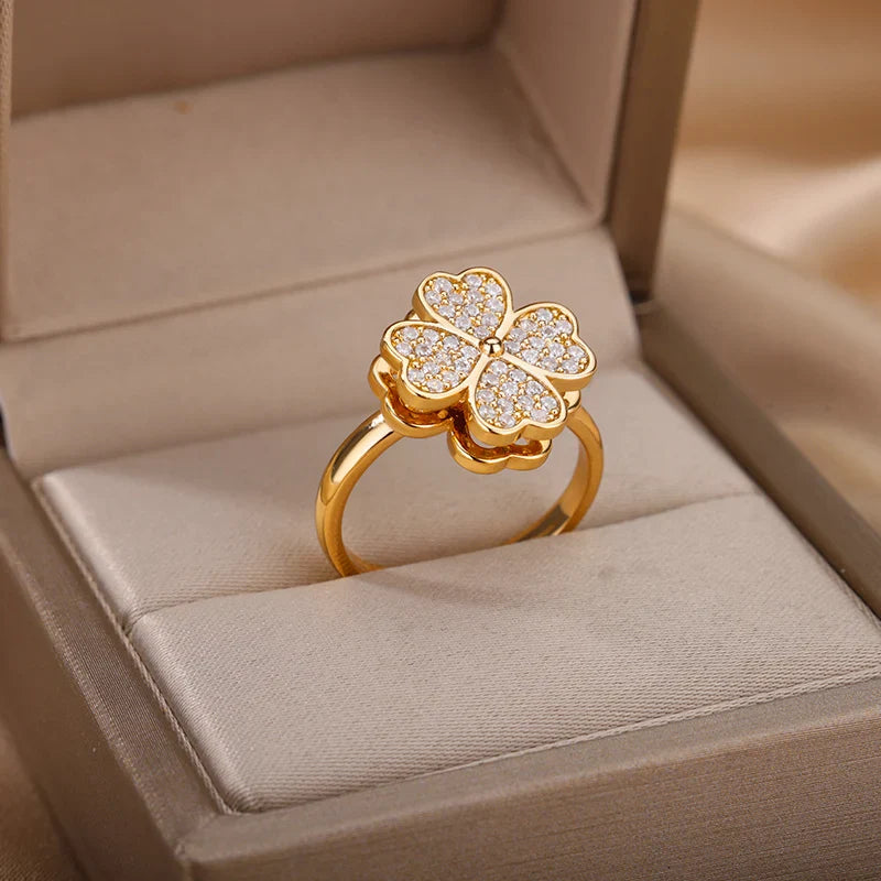 Heart Four Leaf Clover Rings for Women Adjustable Lucky Stainless Steel Ring