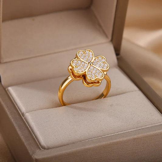 Heart Four Leaf Clover Rings for Women Adjustable Lucky Stainless Steel Ring